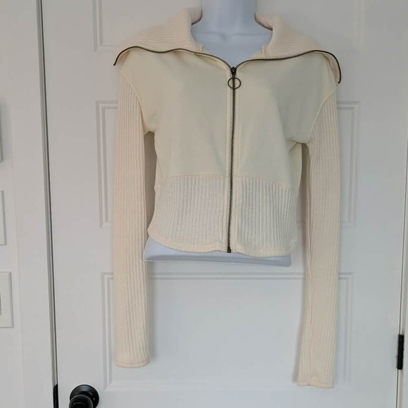BDG Urban Outfitters Cream Ribbed Zip Up Sweater Y2K Cropped Top Size Large - Picture 3 of 8